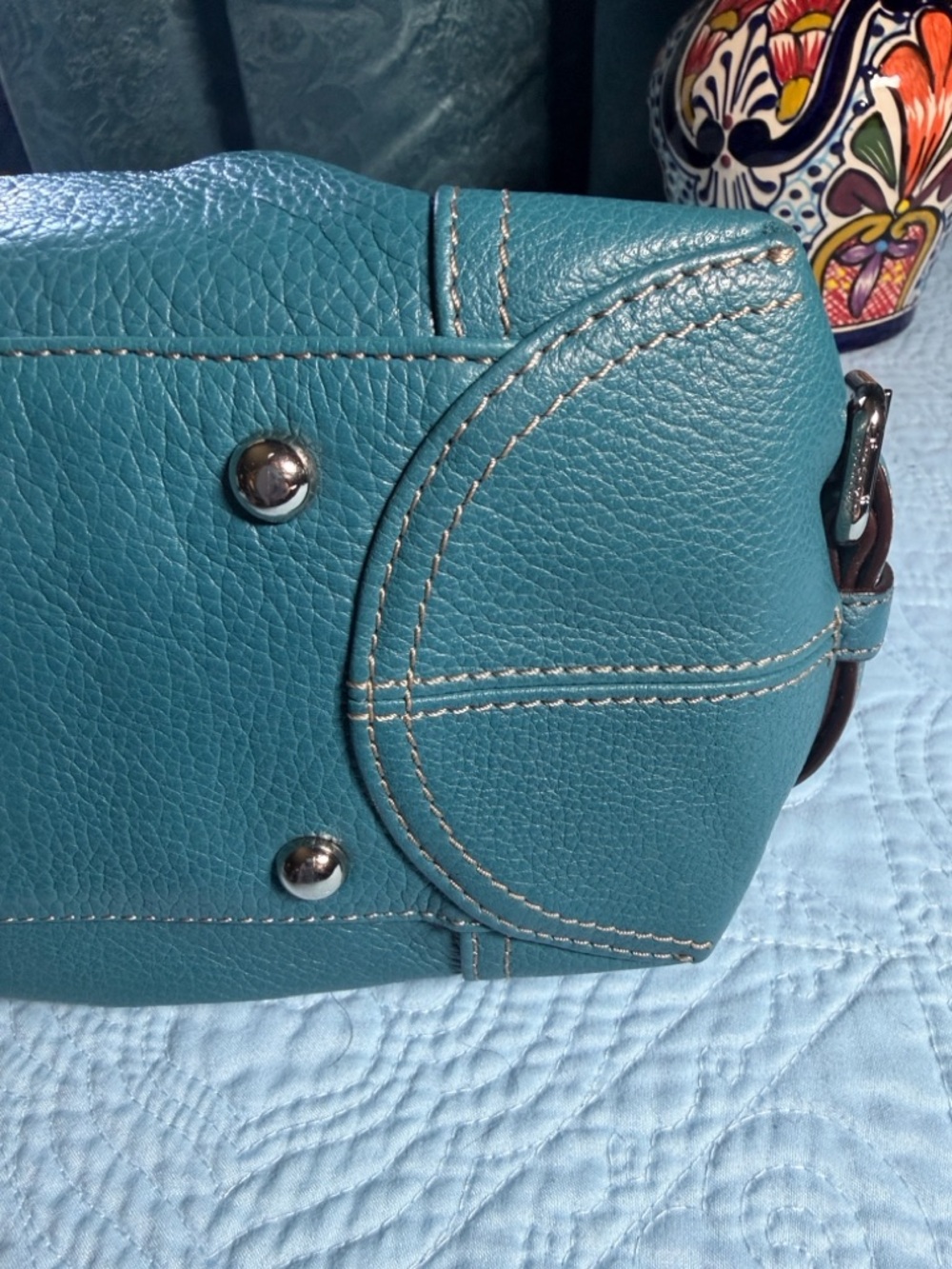 Teal Leather Satchel Handbag 14x8 - Picture 7 of 9